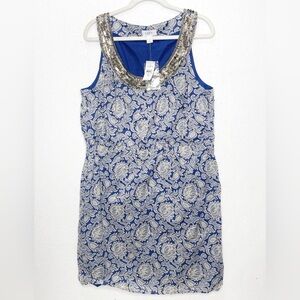 Ann Taylor Loft Filagree Floral Boho Sleeveless Blue Sequin Dress 100% Cotton 16